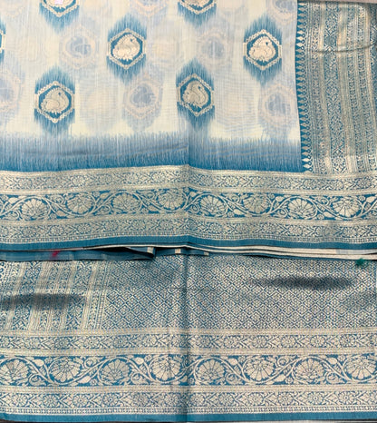 Banaras Katan Saree Off White Colour with Peacock Blue Katan Work Border
