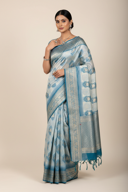 Banaras Katan Saree Off White Colour with Peacock Blue Katan Work Border