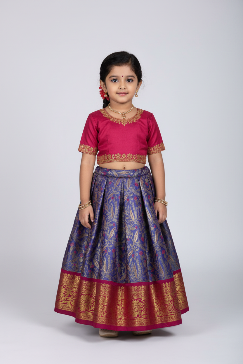 Blue Shade Vegan Silk Kids Pattu Pavadai with Contrast Border for Newborn to 2 Years