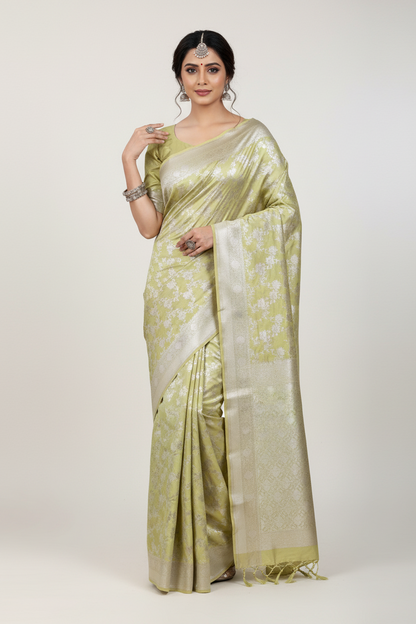 Pure Banaras Silk Saree Light Yellow Colour with Beautifully Crafted Floral Banarasi border