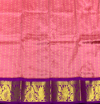 Peach Pink Shade Pure Kanchipuram Kids Pattu Pavadai with Contrast Border for Newborn to 2 Years