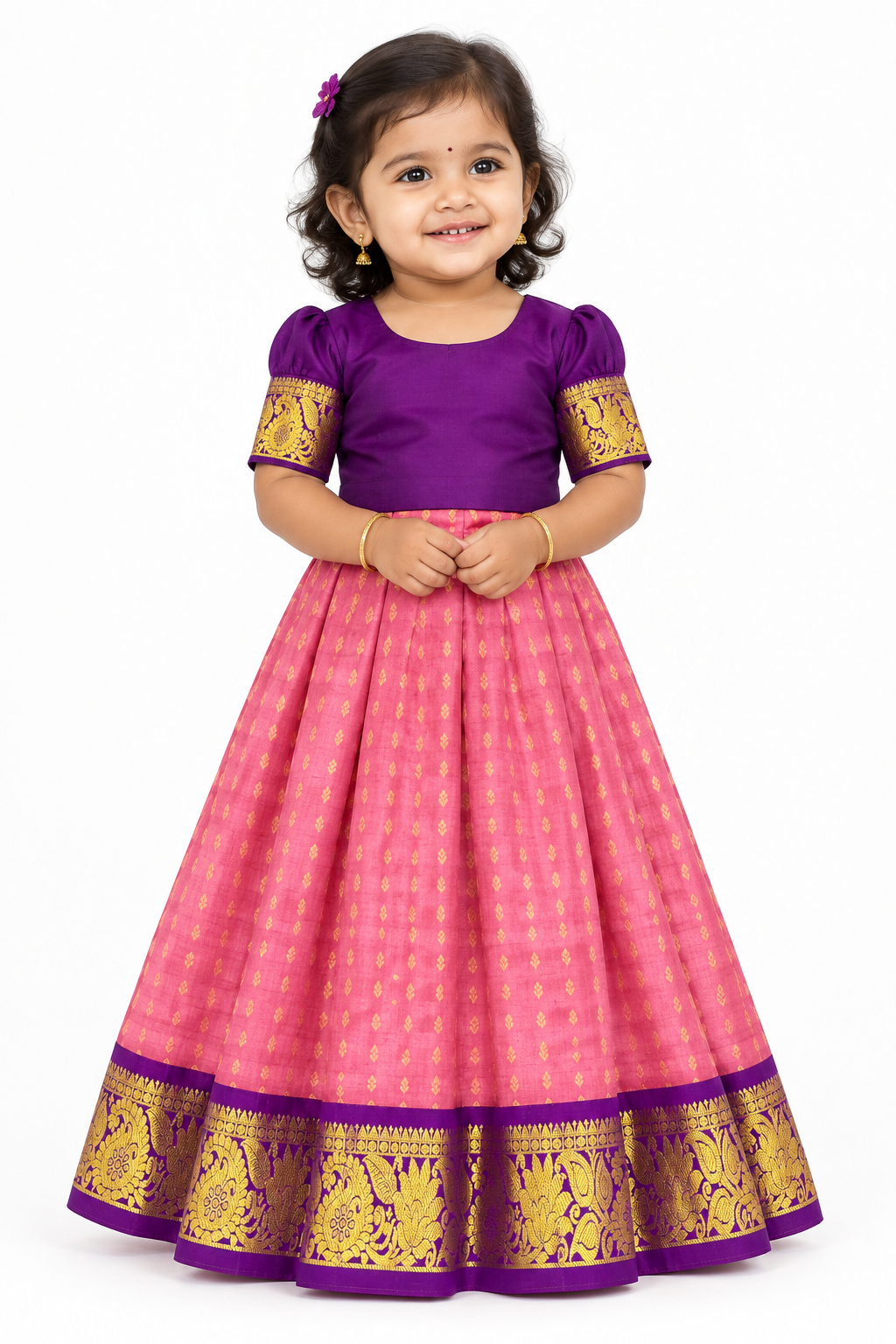 Peach Pink Shade Pure Kanchipuram Kids Pattu Pavadai with Contrast Border for Newborn to 2 Years