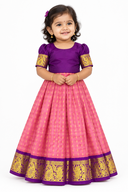 Peach Pink Shade Pure Kanchipuram Kids Pattu Pavadai with Contrast Border for Newborn to 2 Years