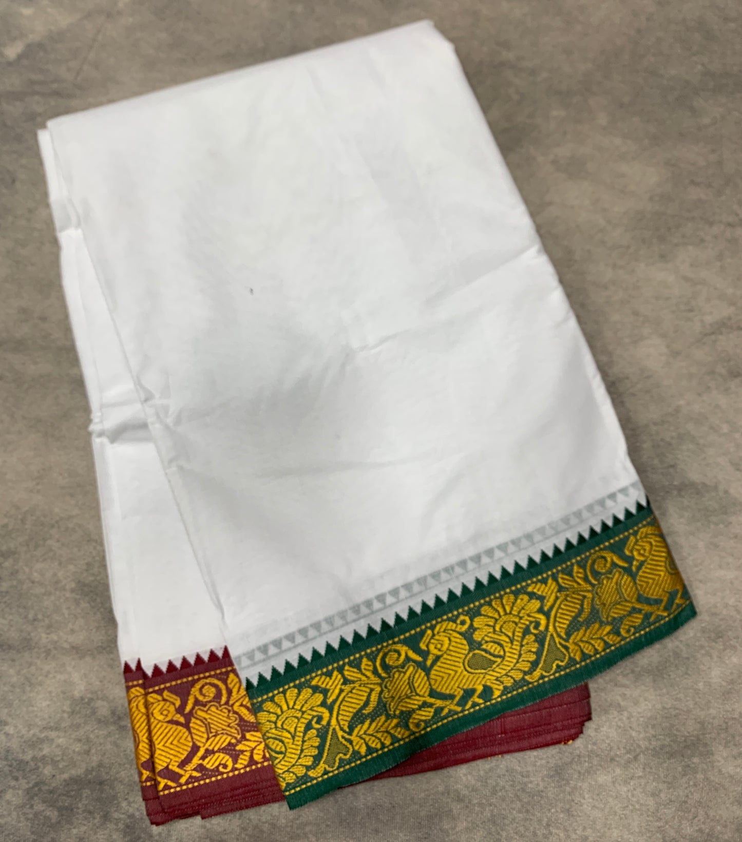 9X6 Cotton Dhoti White Colour with Green and Maroon Border with Angavastram
