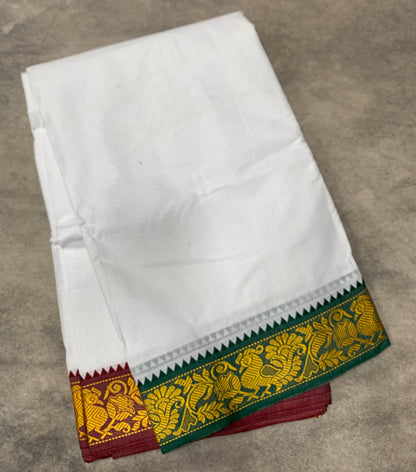 9X6 Cotton Dhoti White Colour with Green and Maroon Border with Angavastram