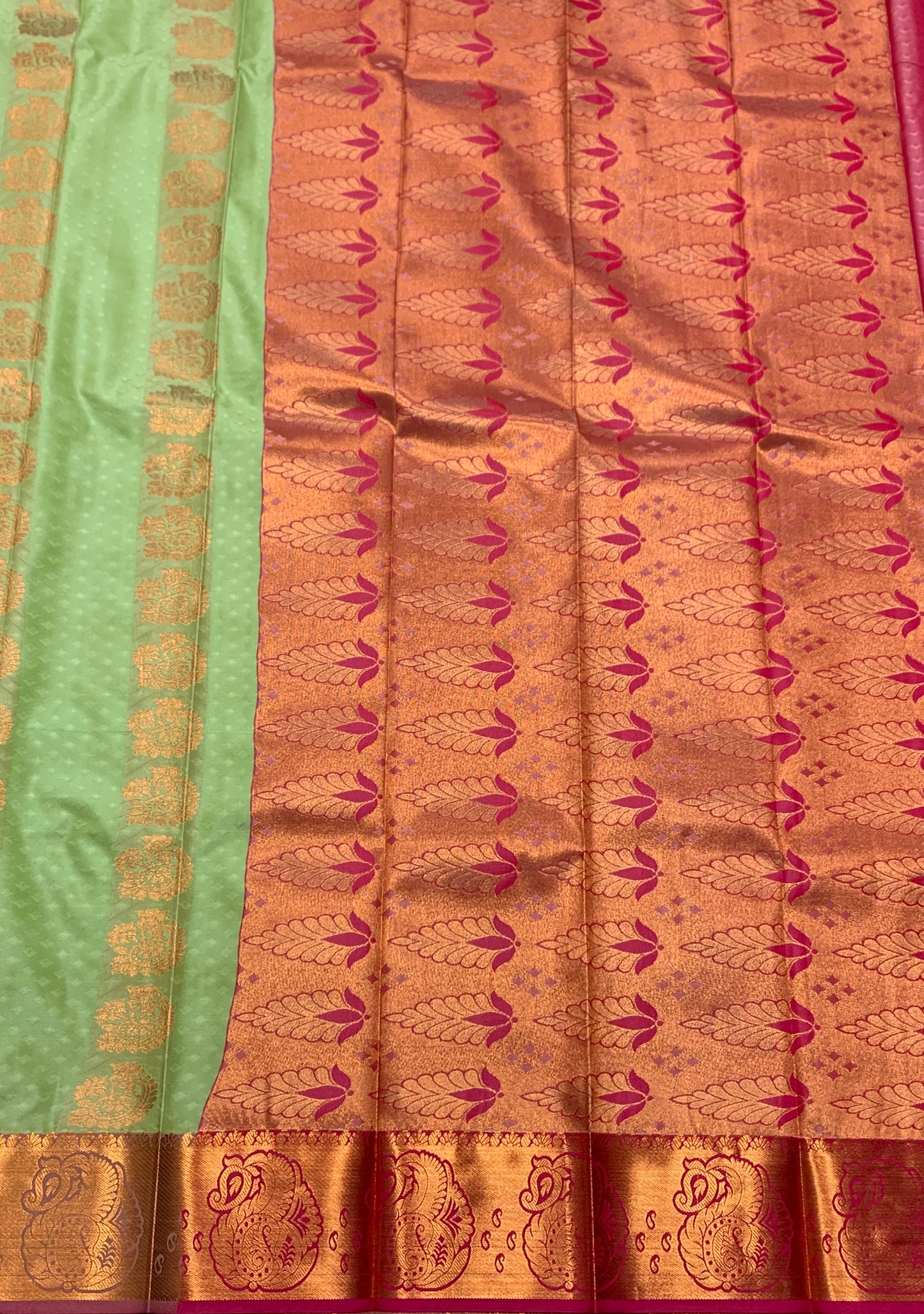 Vegan Silk Saree Light Green Colour Saree with Copper Border