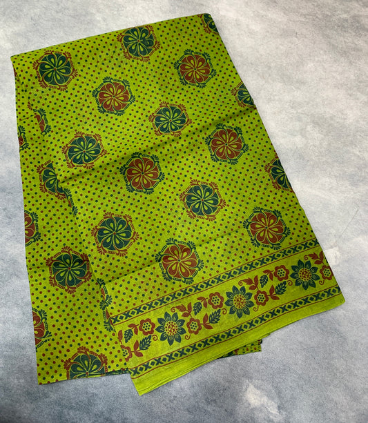 Chettinad Sungudi Cotton Olive Green Colour with Floral Design Border