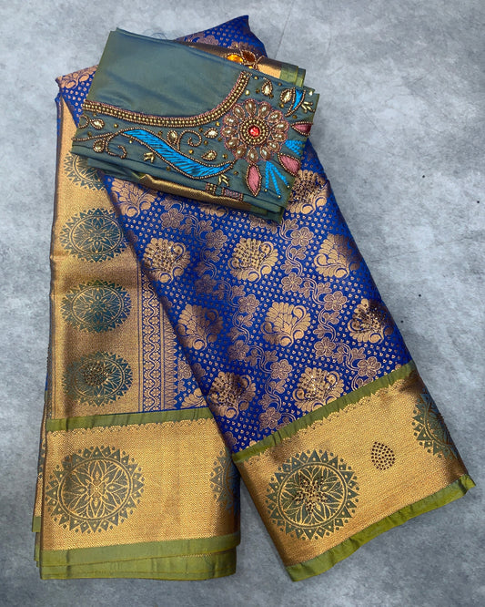 Bridal Vegan Silk Saree Blue shade with Light Green Border with Unstitched blouse in Aari Work