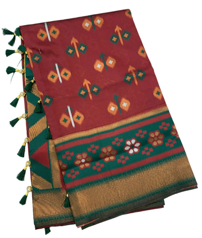 Pochampalli Semi Silk Saree Maroon Colour with Green Border