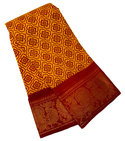 Chettinad Sungudi Cotton Mustard Colour with Maroon Border
