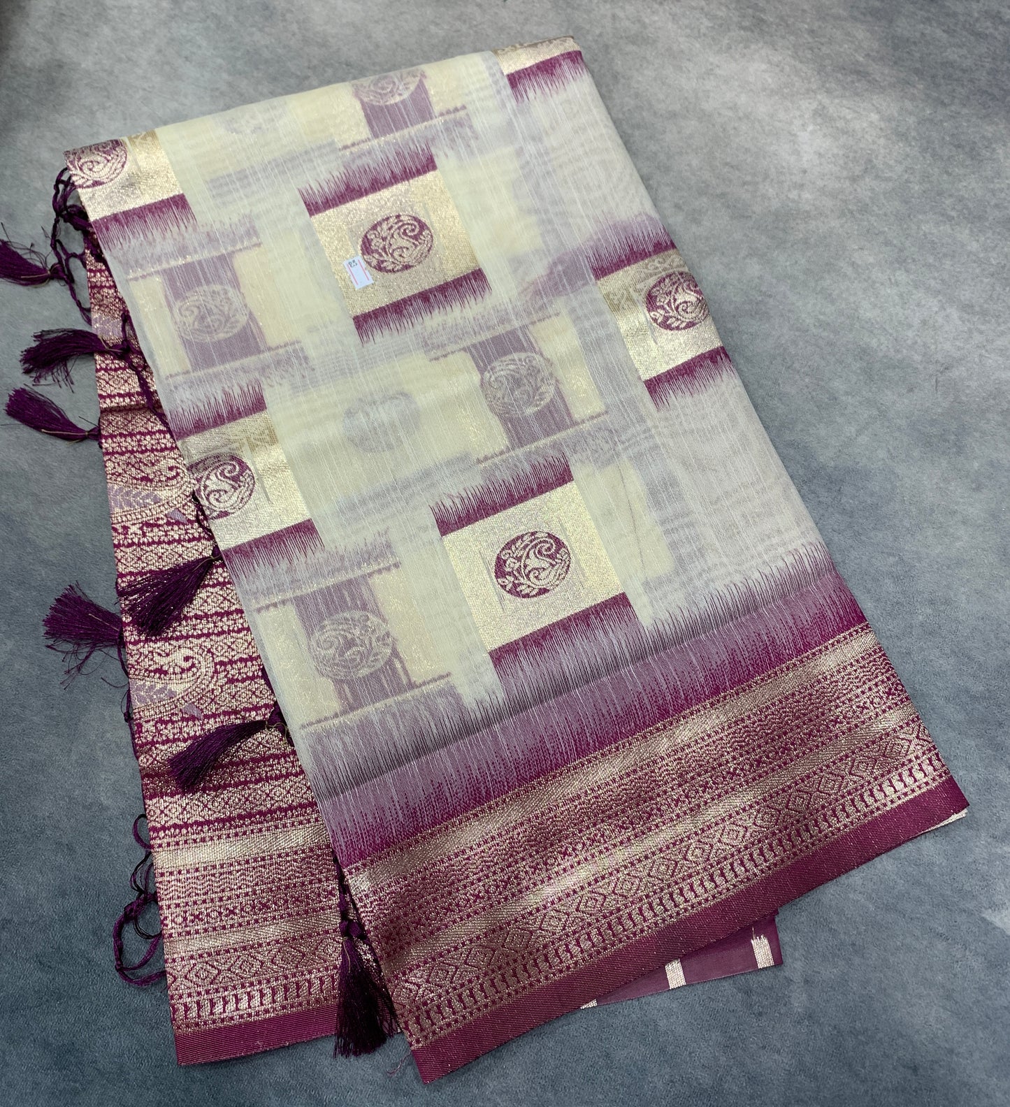 Banaras Katan Saree Off White Colour with Purple Katan Work Border