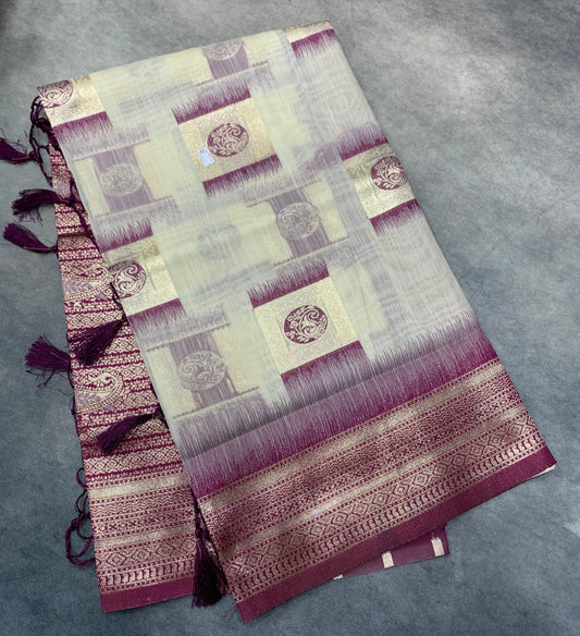 Banaras Katan Saree Off White Colour with Purple Katan Work Border