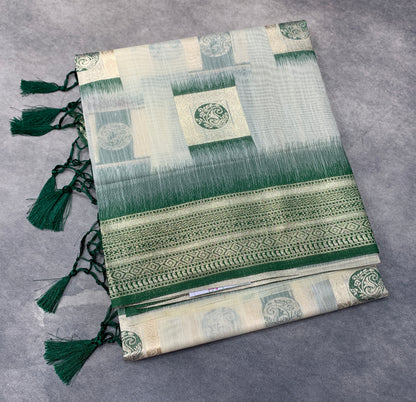 Banaras Katan Saree Off White Colour with Green Katan Work Border