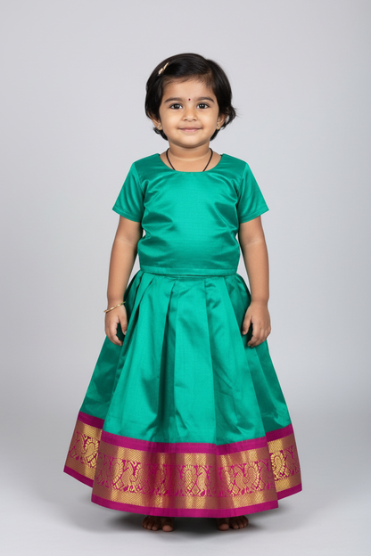 Rama Green Shade Pure Kanchipuram Kids Pattu Pavadai with Contrast Border for age 2 to 5