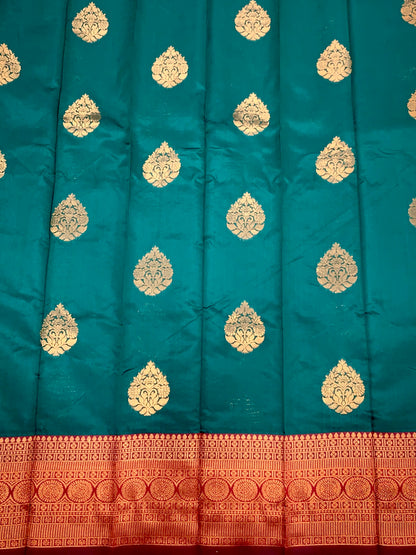 Art Silk Saree Peacock Green Colour with Maroon Border