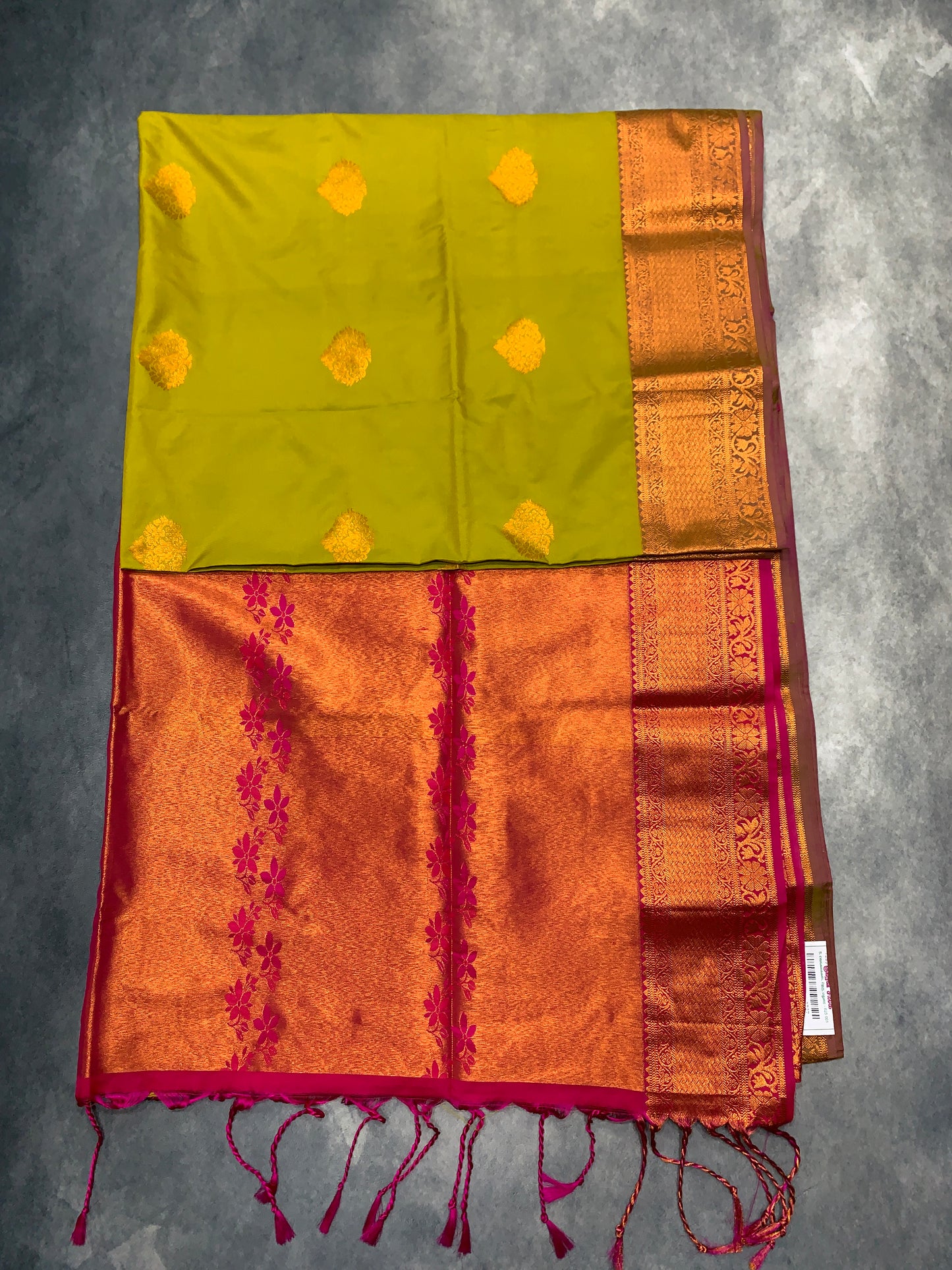 Soft Vegan Silk Saree Lime Green Colour with Pink and Copper Border