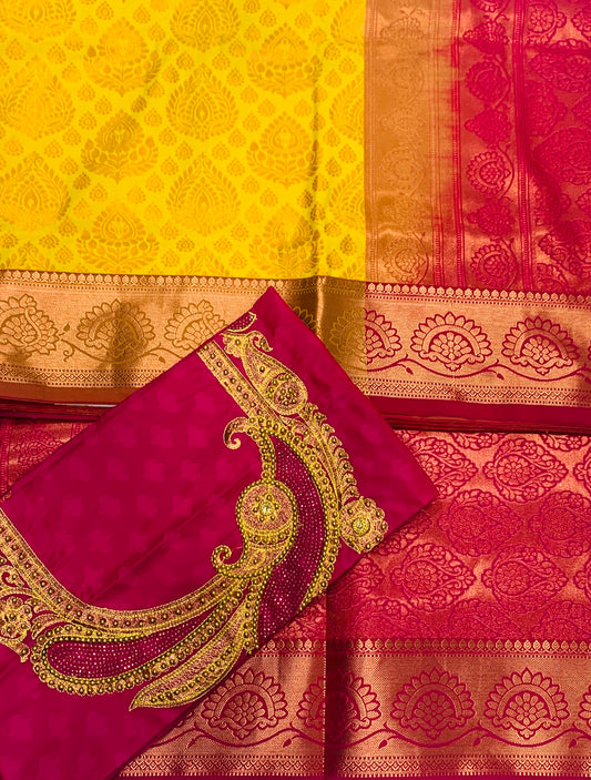 Bridal Vegan Silk Saree Yellow shade with Copper Border with Unstitched blouse in Aari work