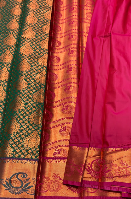 Vegan Silk Saree Green Colour with Magenta and Copper Border