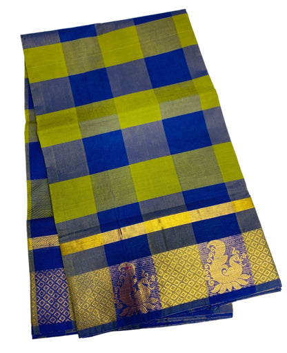 Chettinad Cotton Saree Olive Green and Blue Colour with Checked Design