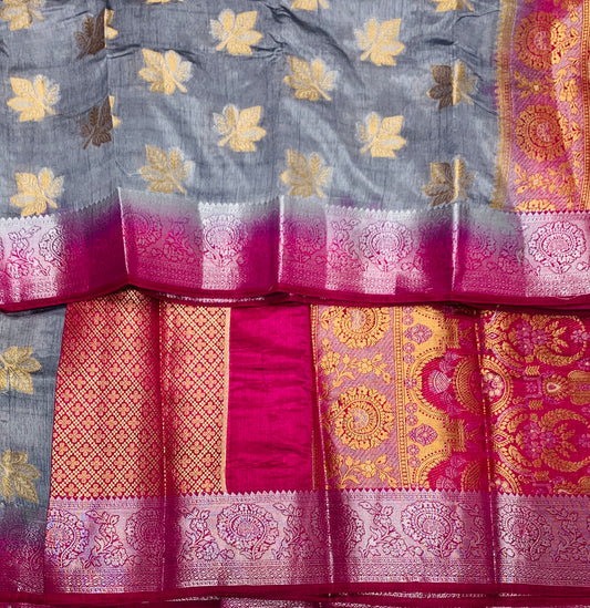 Tussar Saree Gray Colour with Pink Border