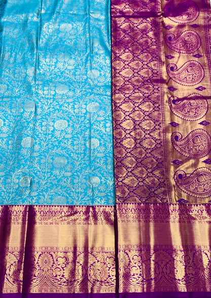 Sky Blue Colour Semi Silk Saree with Big Magenta Border