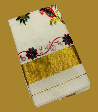 Kerala Cotton Saree Cream Colour with Zari Border