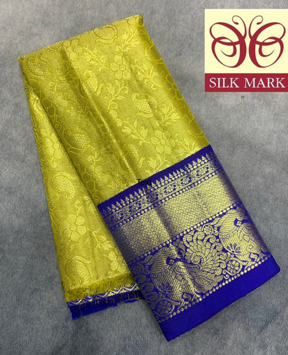 Yellow Shade Pure Kanchipuram Kids Pattu Pavadai with Contrast Border for Newborn to 2 Years