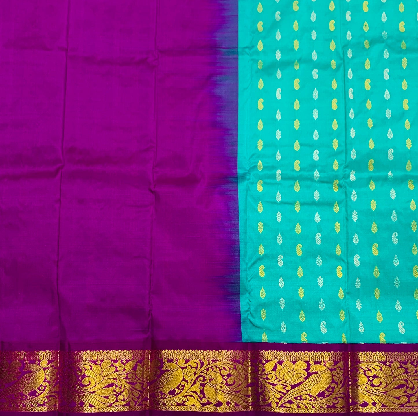 Sapphire shade Pure kanchipuram Kids Pattu Pavadai with contrast border for newborn to 2 Years