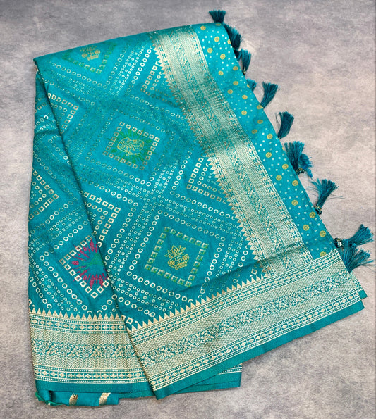 Banaras Soft Silk Saree Rama Green Colour with Sliver Colour Floral Design Border