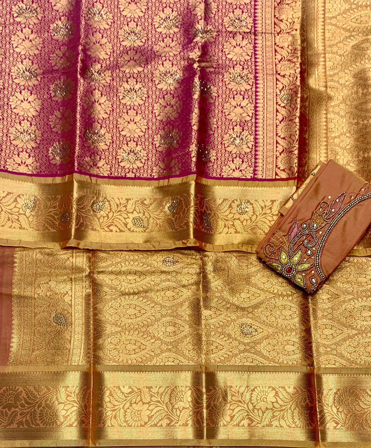 Bridal Vegan Silk Saree Pink shade with Golden Yellow Border with Unstitched blouse in Aari Work