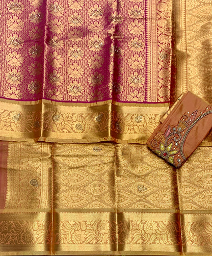 Bridal Vegan Silk Saree Pink shade with Golden Yellow Border with Unstitched blouse in Aari Work