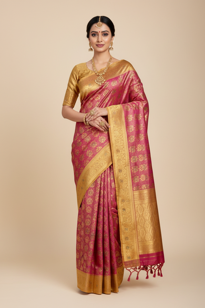 Bridal Vegan Silk Saree Pink shade with Golden Yellow Border with Unstitched blouse in Aari Work