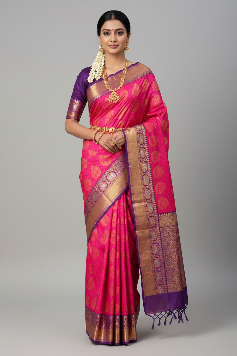 Vegan Silk Saree Baby Pink Colour Saree with Copper Border