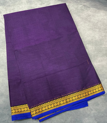Chettinad Cotton Saree Dark Magenta Colour with Blue Colour with Thread Work Border