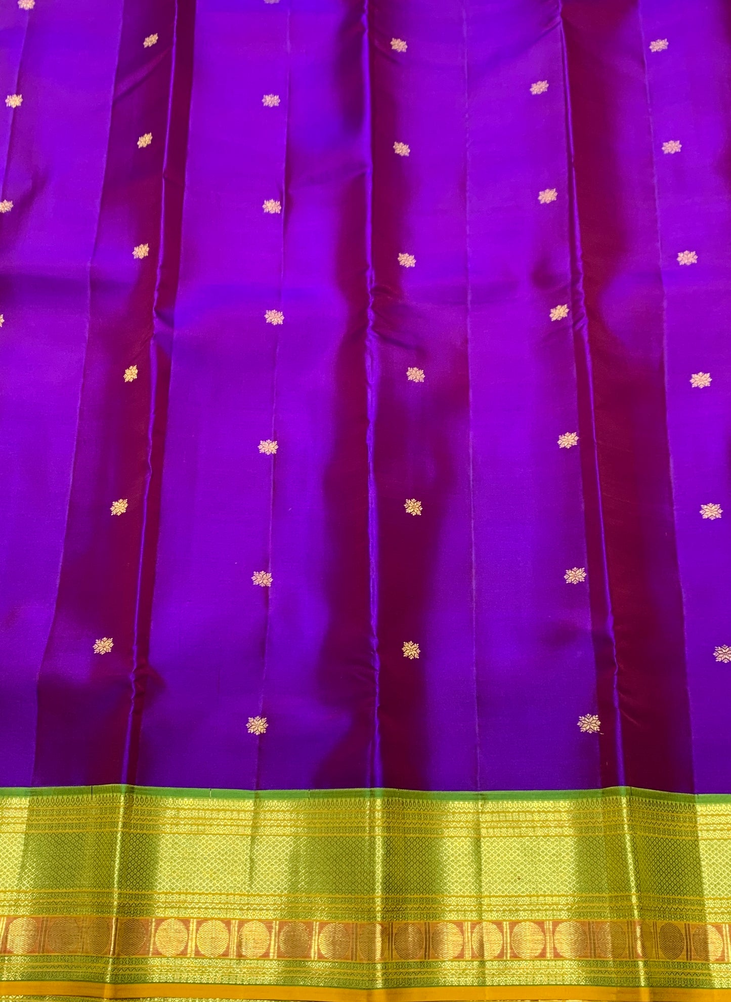 Pure Kanchipuram Silk Purple Colour with Lime Green and Golden Zari Border