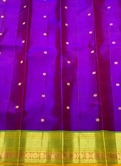 Pure Kanchipuram Silk Purple Colour with Lime Green and Golden Zari Border