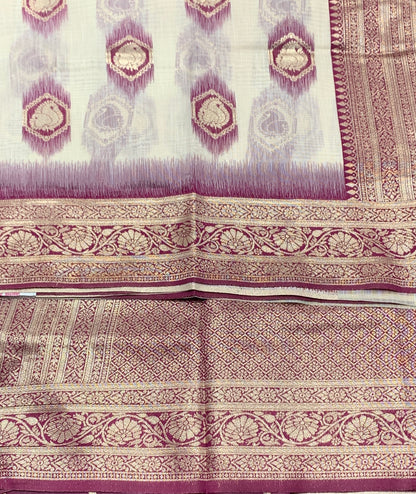 Banaras Katan Saree Off White Colour with Beetroot Pink Katan Work Border