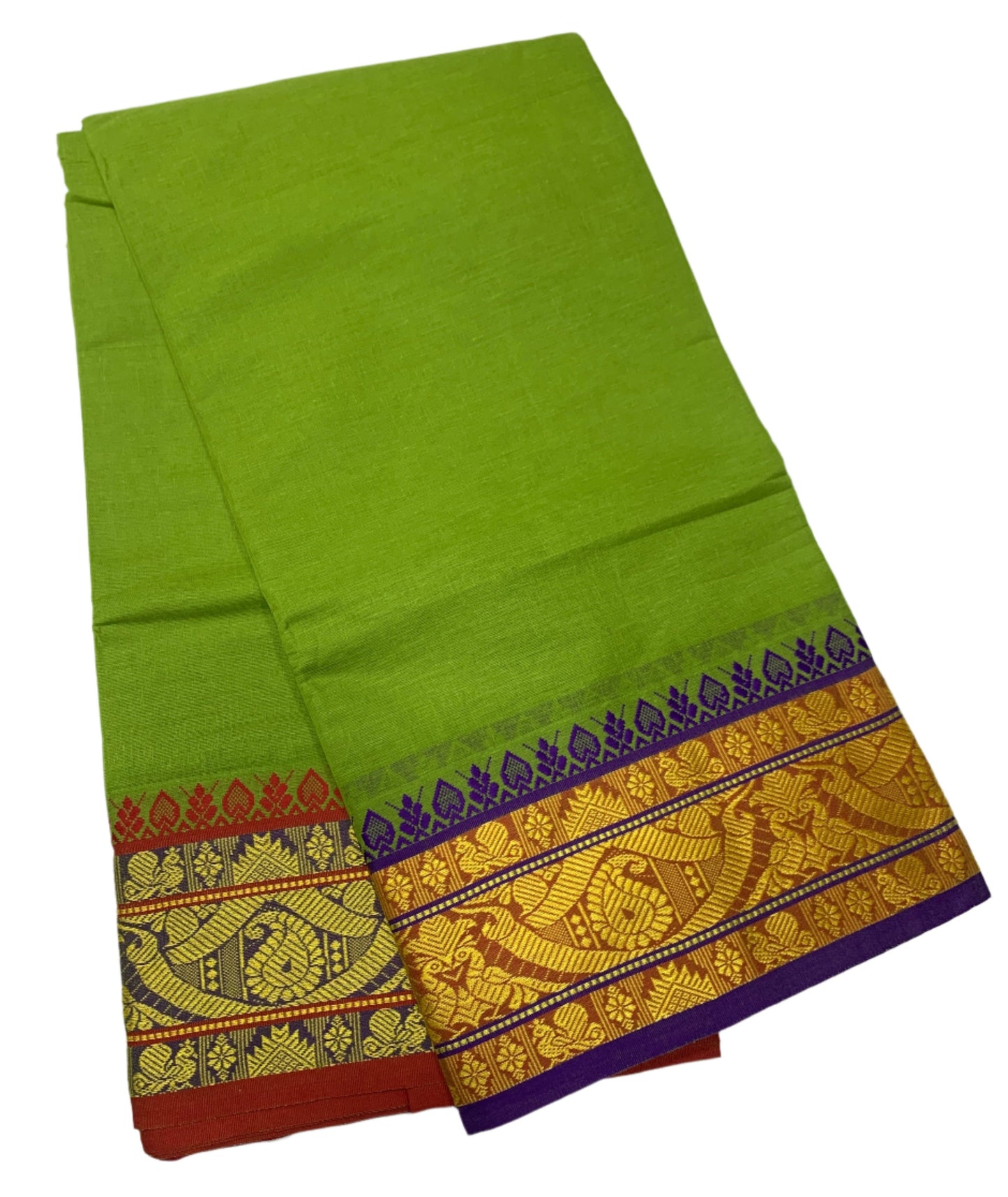 9X5 Cotton Dhoti Olive Green Colour with Blue and Red Border