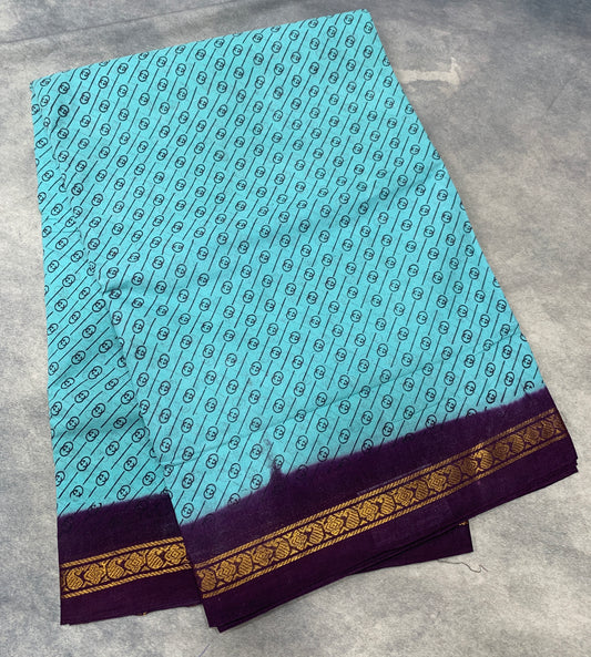 9 yards Cotton Saree Aqua Blue Colour with Dark Purple Border