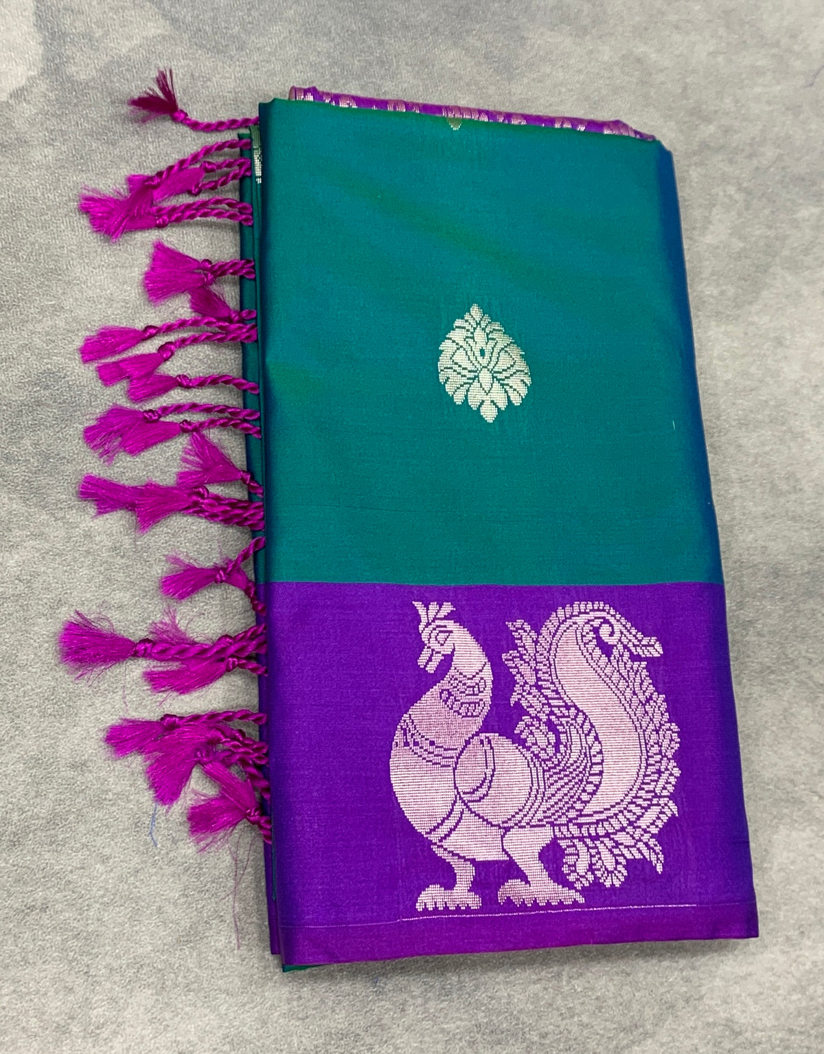 Art Silk Saree Peacock Green Colour with Purple Colour Border