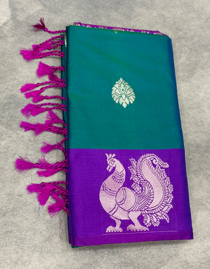 Art Silk Saree Peacock Green Colour with Purple Colour Border