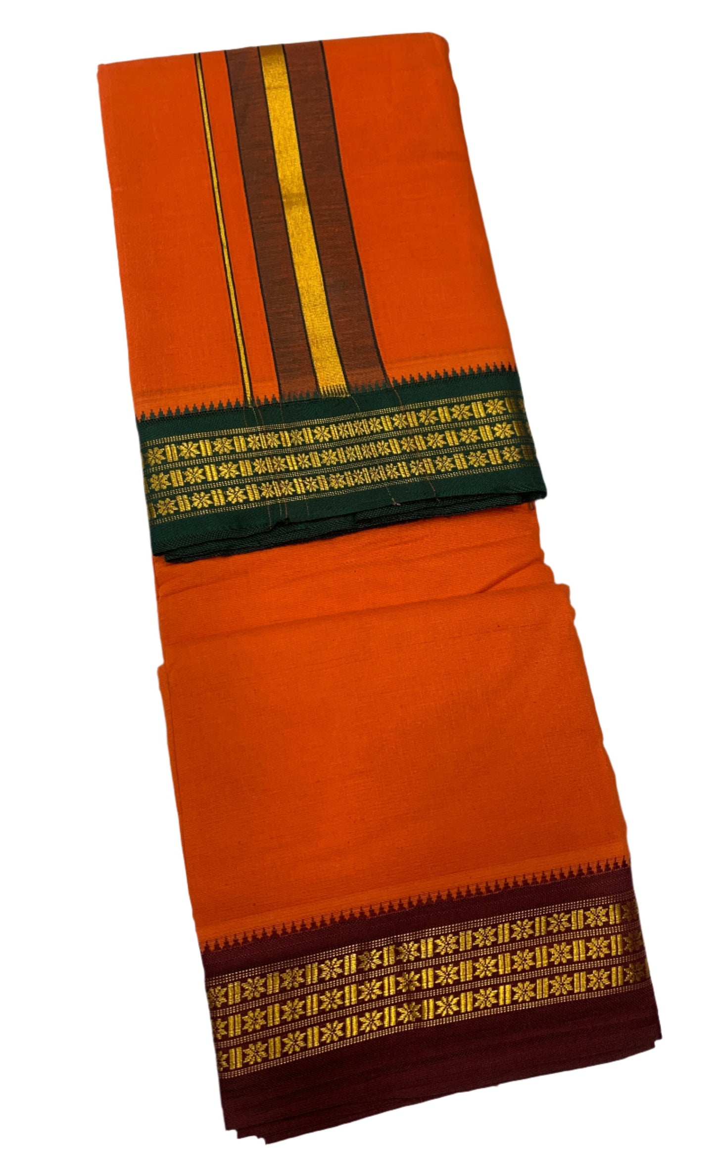 9X5 Cotton Dhoti Orange Colour with Green and Maroon Border