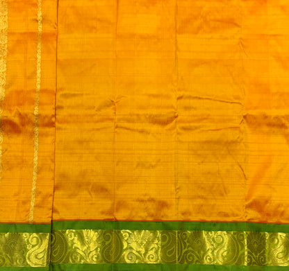 Mango Yellow Shade Pure Kanchipuram Kids Pattu Pavadai with Contrast Border for Newborn to 2 Years