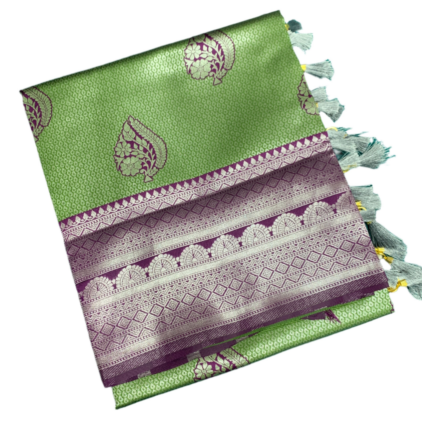 Art Silk Saree Light Olive Green Colour with Magenta Border