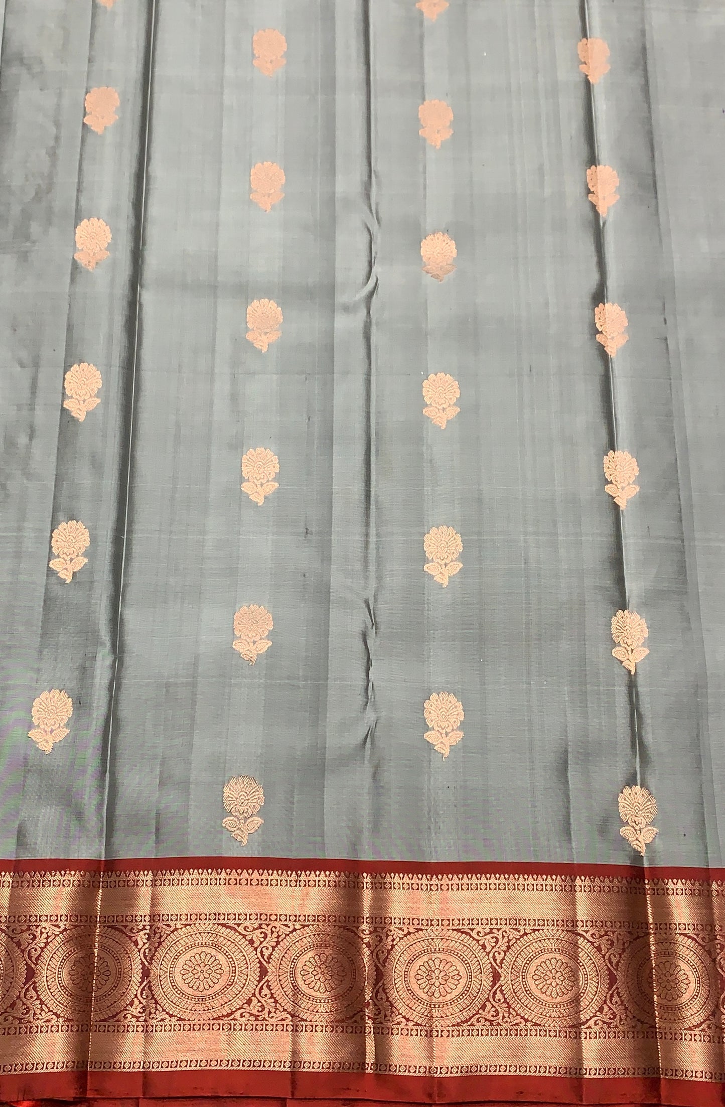 Pure Kanchipuram Silk Saree Gray Colour with Maroon Border