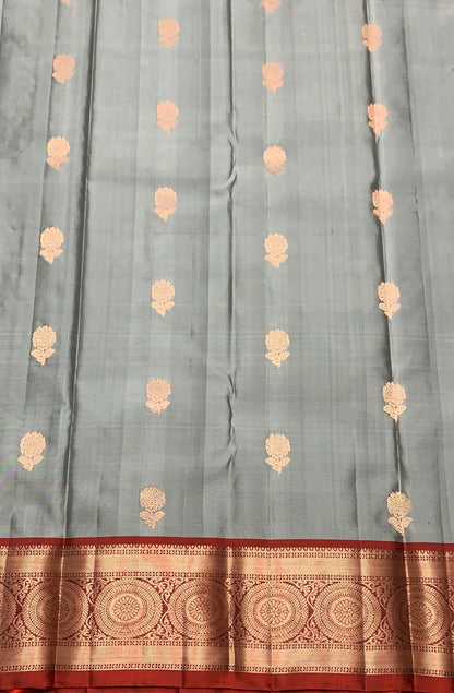 Pure Kanchipuram Silk Saree Gray Colour with Maroon Border