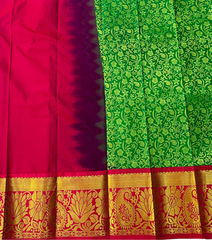 Green shade vegan silk Kids Pattu Pavadai with contrast border for age 2 to 5