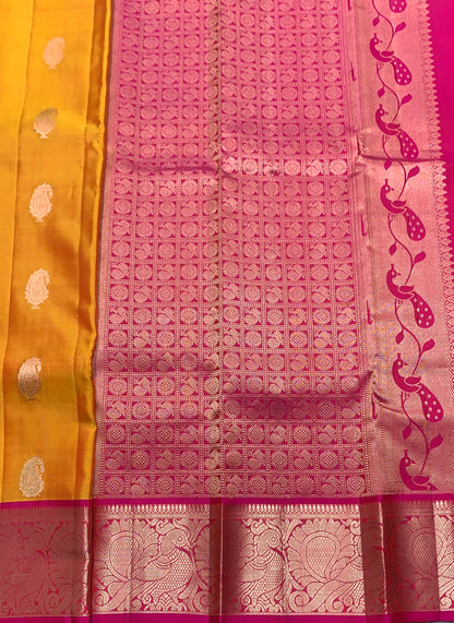 Pure Kanchipuram Silk Saree Mango Yellow Colour with Pink Border