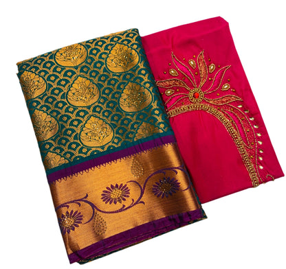 Bridal Vegan Silk Saree Green shade with Purple Border with Unstitched blouse in Aari work