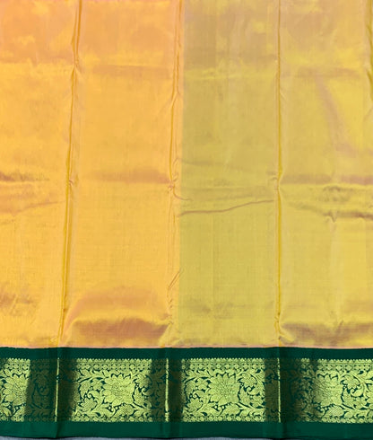 Mustard Yellow Shade Pure Kanchipuram Kids Pattu Pavadai with Contrast Border for Newborn to 2 Years